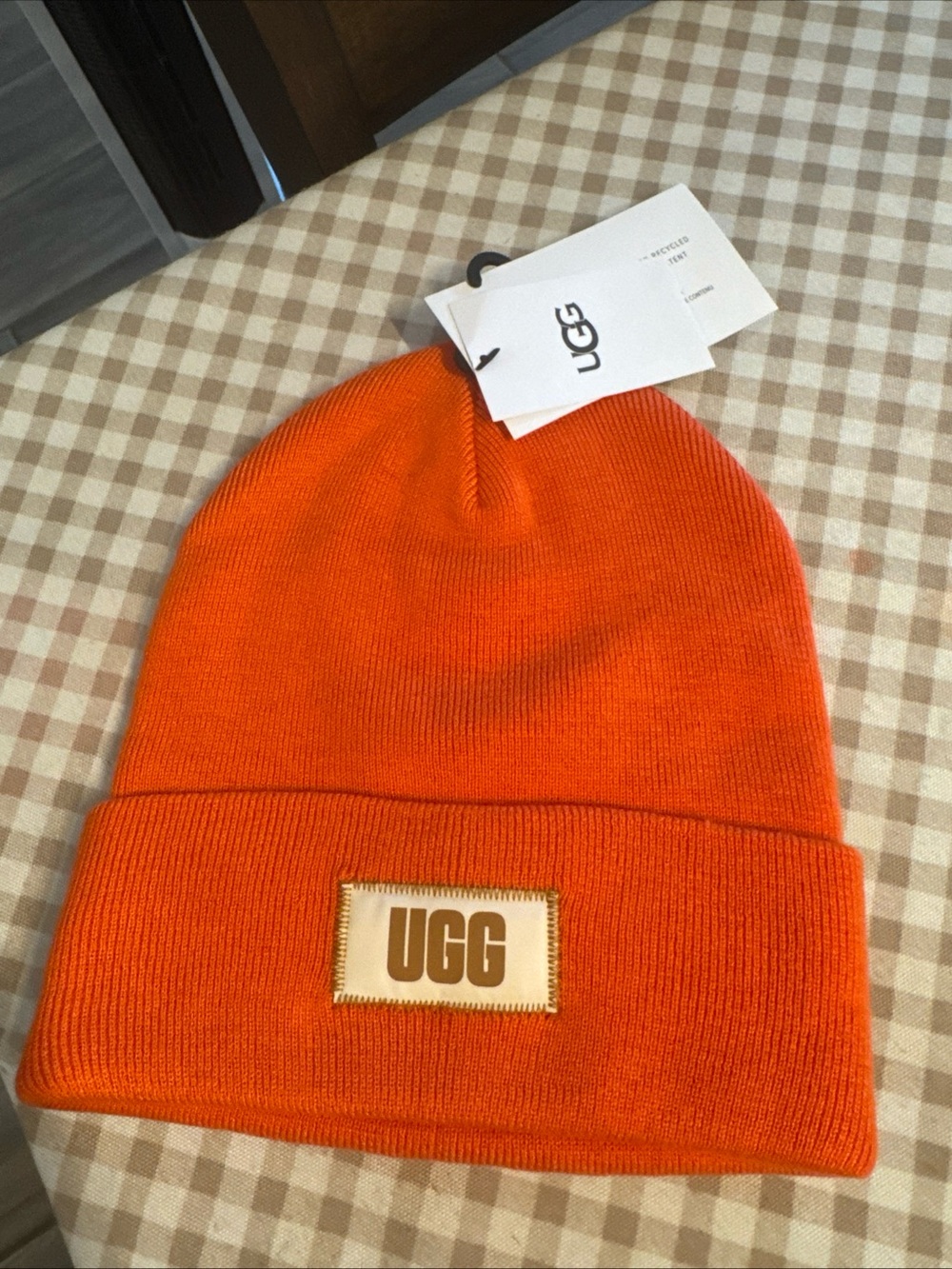 UGG Orange Ribbed Cuff Beanie with Logo Patch